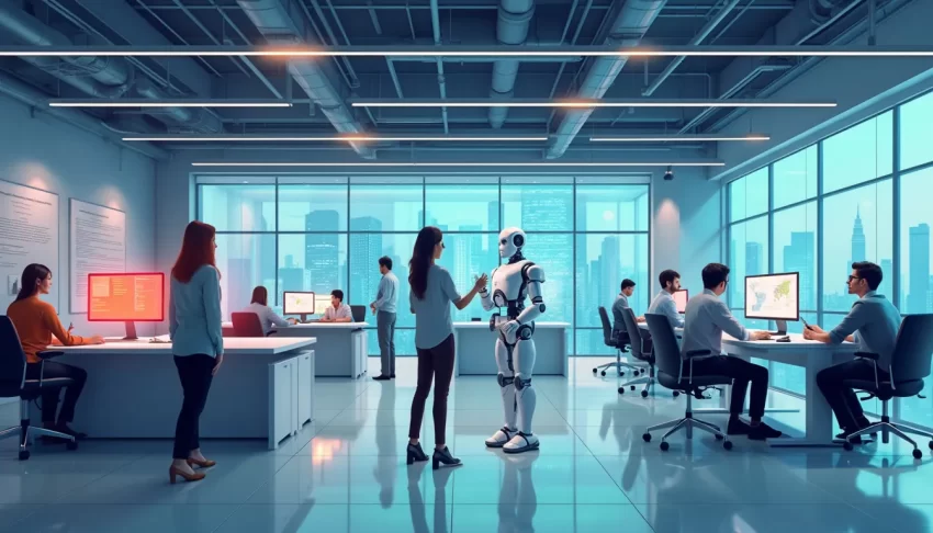 Create an image depicting a modern office environment where humans and AI-powered robots are working collaboratively. Include diverse workers using cutting