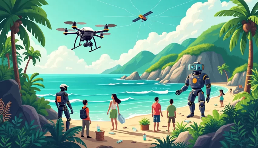 A vibrant scene depicting advanced AI technology working in harmony with the environment: Autonomous drones planting trees, AI-driven robots cleaning plast