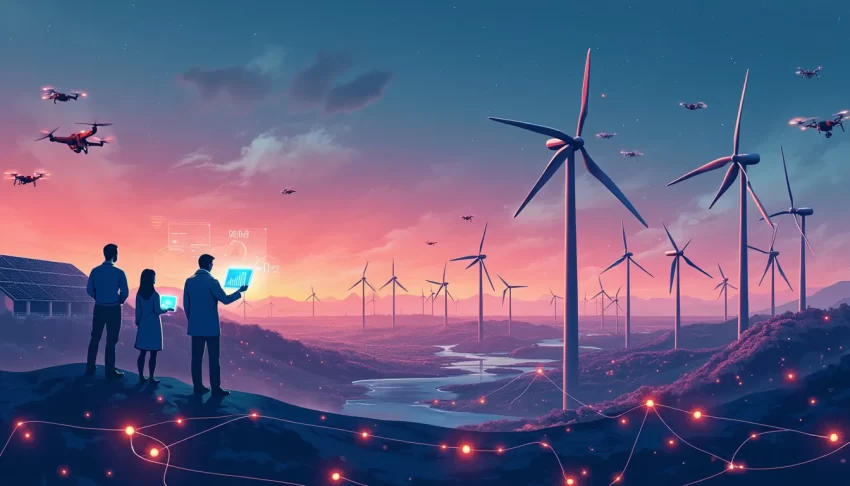 Create an image showcasing the transformation of the energy sector through artificial intelligence. The scene should include futuristic energy plants with