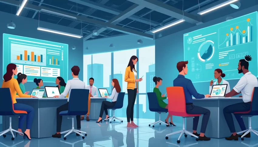 Create a high-tech, modern office setting featuring a diverse group of professionals efficiently working with the aid of AI tools. Include visual elements