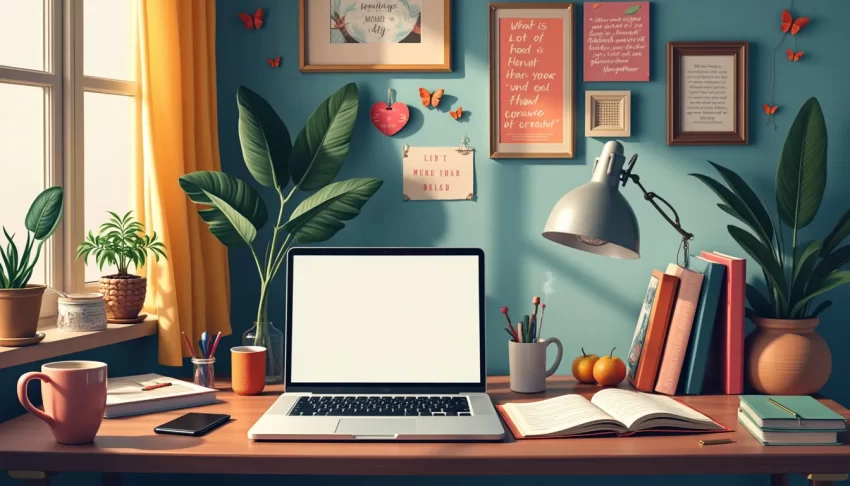 A stylish, cozy workspace with a laptop open to a blog writing platform, surrounded by inspirational quotes and personal growth books, a vision board on th