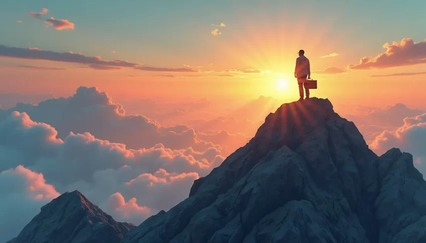 A determined entrepreneur standing at the peak of a mountain at sunrise, facing a vast horizon with a confident stance. The image should convey a sense of