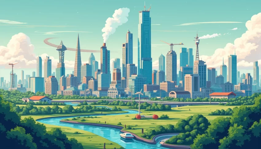 Create a detailed illustration showing a futuristic city skyline with AI technologies integrated into various aspects like transportation, energy, and comm