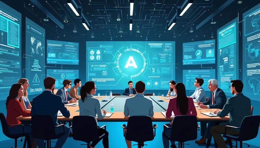 A futuristic boardroom setting where diverse individuals are engaged in deep discussion around a large table. On one side of the room, multiple holographic