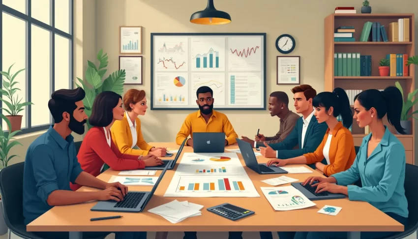 An illustration of a diverse group of small business owners gathered around a large table, actively engaged in discussion and brainstorming. They are surro