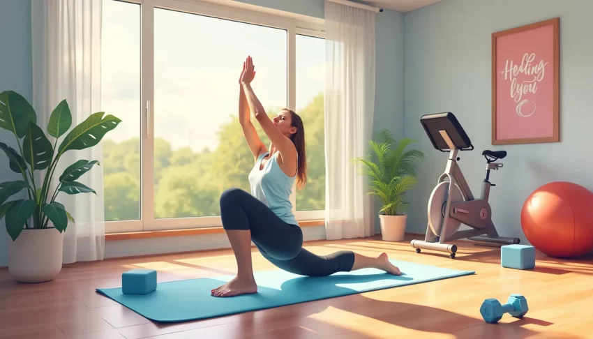 A serene image of a person practicing gentle yoga stretches on a yoga mat in a peaceful, sunlit room with large windows. They are using supportive props li