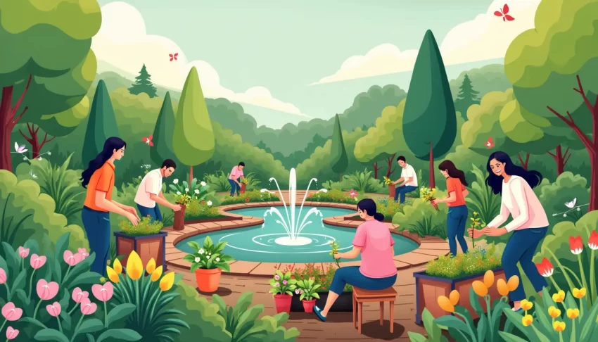 A serene garden scene, where individuals of various ages and backgrounds are engaging in gardening activities. Some are planting flowers, others are tendin