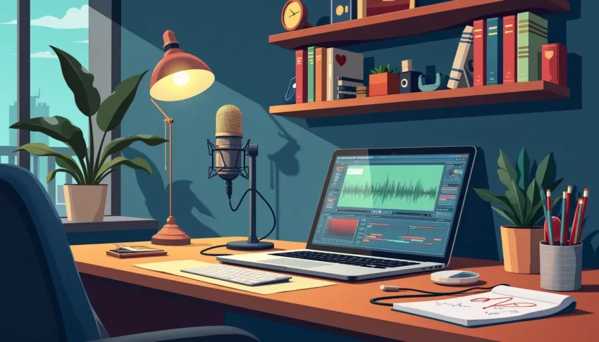 A creative workstation setup with a high-quality microphone, headphones, a laptop with audio editing software open, and a notepad with brainstorming notes;