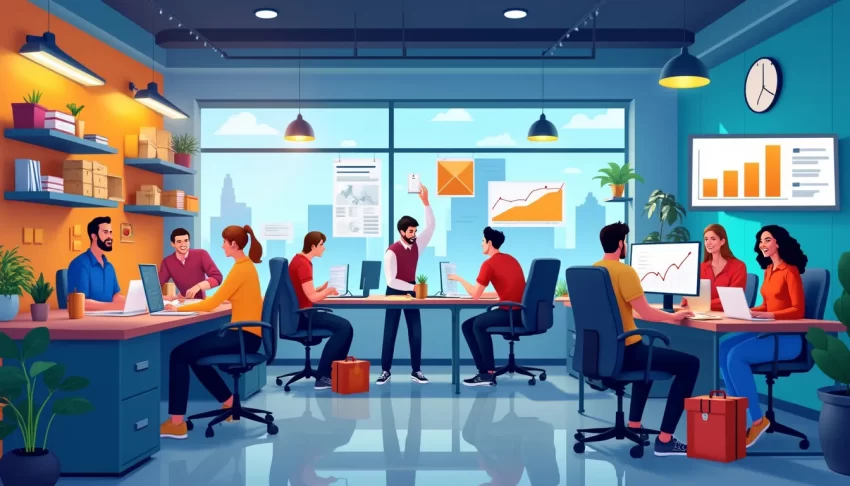 A vibrant scene of a small business office where employees are enthusiastically using AI-powered tools. A diverse group of workers interact with smart devi