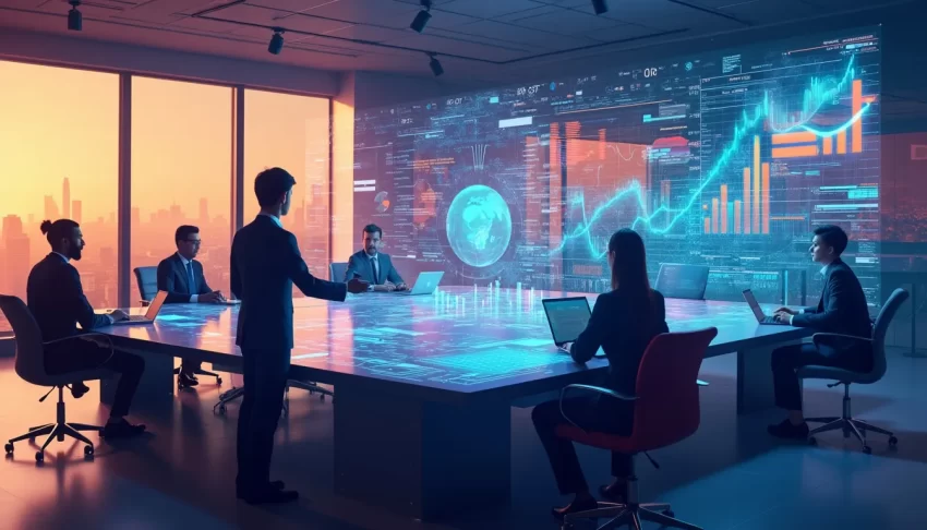 A futuristic office setting where AI-powered holograms assist business professionals in strategy meetings, with visual data like charts and graphs floating