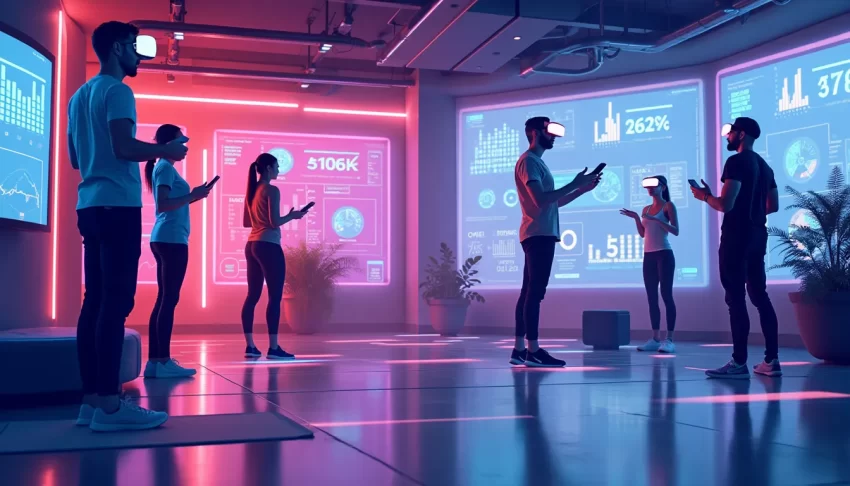 A futuristic gym where people are using advanced wearable technology and virtual reality headsets to track their fitness metrics, perform guided exercises,