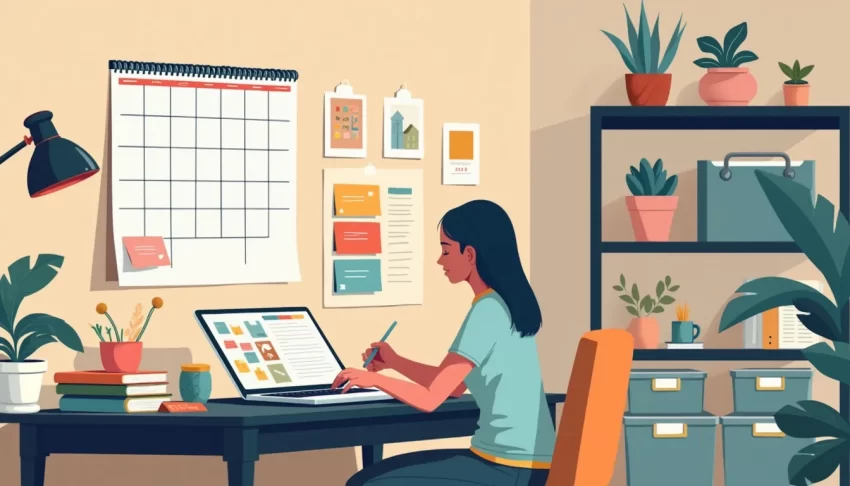 A peaceful, organized home workspace with a calendar on the wall, color-coded sticky notes, a planner on the desk, and a person calmly checking off items o