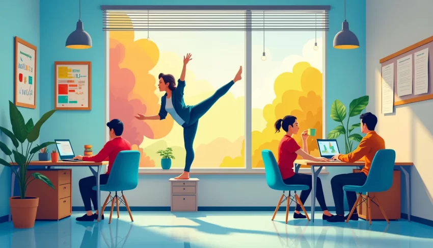 A dynamic office setting with an entrepreneur practicing yoga in the corner while team members work collaboratively at desks; a bulletin board nearby showc