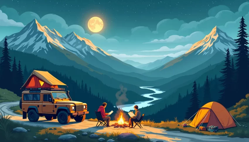 A scenic depiction of an overlanding adventure: A rugged 4x4 vehicle equipped with a roof-top tent and camping gear is parked beside a winding mountain tra