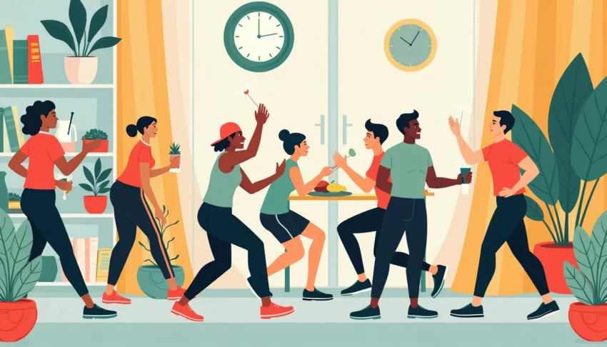 An image of a diverse group of active individuals integrating effective weight loss strategies in their daily routines, including healthy eating, structure