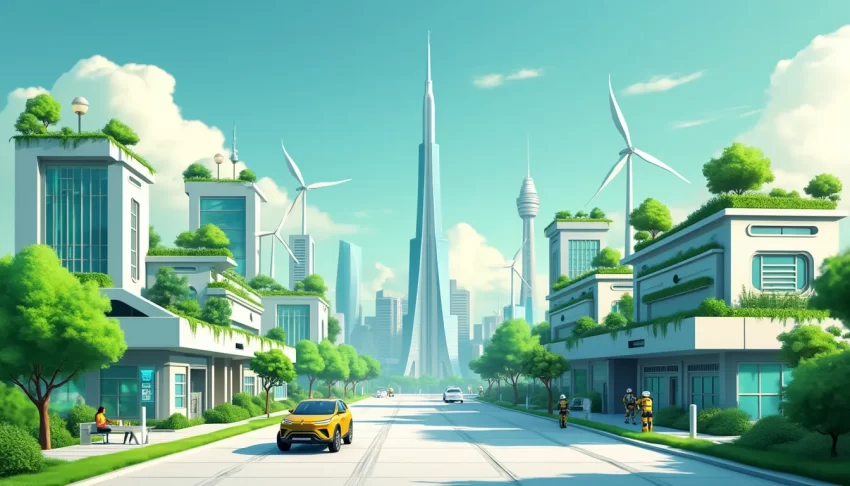 A futuristic cityscape showcasing a harmony between advanced AI-driven technologies and sustainable, eco-friendly practices. The scene includes green build