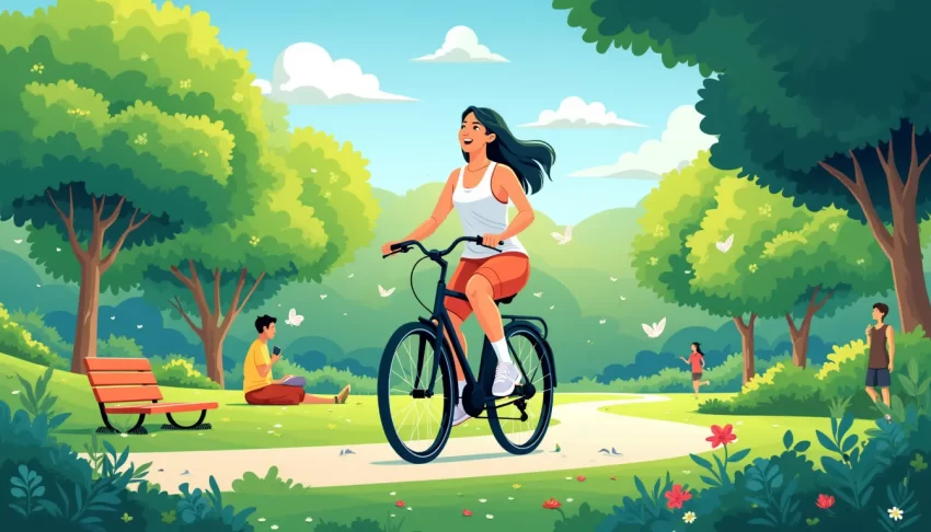 A vibrant illustration of a person cycling through a scenic, lush green park with clear blue skies. The cyclist has a joyful expression, symbolizing freedo