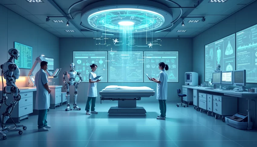 Create an image depicting the future of AI in healthcare: a futuristic hospital room where doctors and nurses use high-tech AI-driven devices for diagnosti