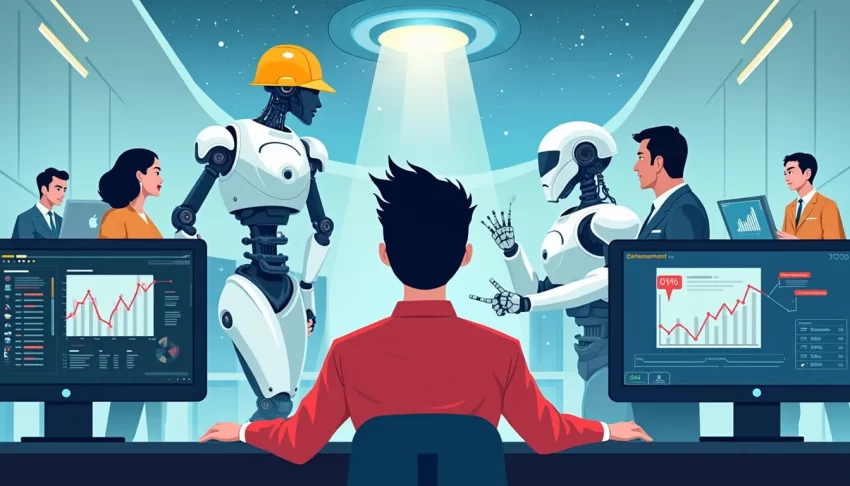 An insightful illustration showing various occupations being impacted by AI: office workers and blue-collar workers interacting with AI robots, a worried e