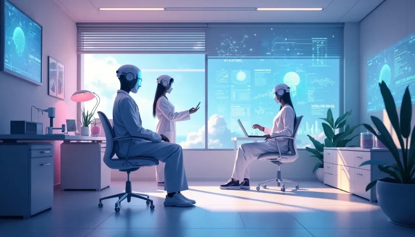 A futuristic medical office setting where AI-powered robots and human doctors collaborate; the robots utilize advanced technology to assist in diagnosing a