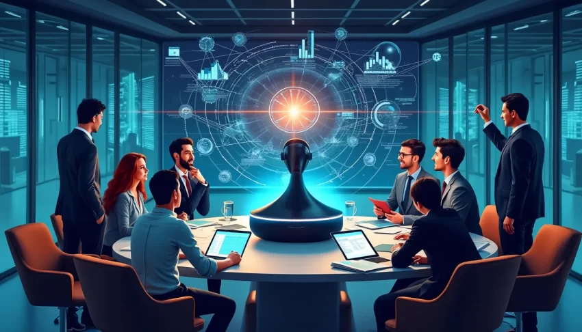 An image of a business meeting room with a large screen displaying graphs and data analytics. At the center of the table, a sleek AI-powered assistant devi