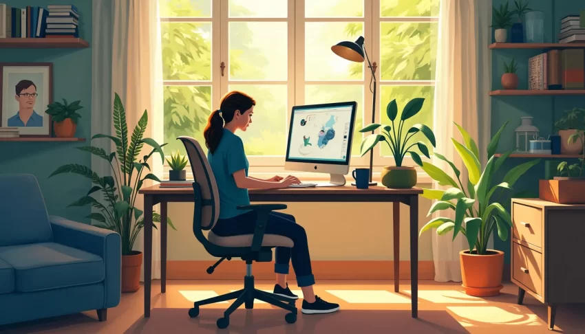 A cozy home office setup with a desk, computer, and ergonomic chair, where a person is actively working. Through a window, a serene garden is visible, sugg