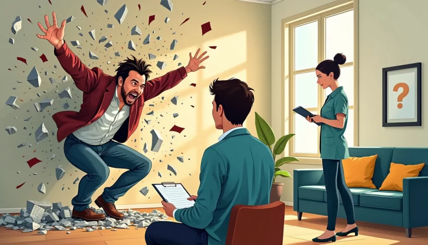 Create a detailed illustration of a person experiencing an intense emotional outburst, surrounded by shattered objects and emotional turmoil. Depict a ther