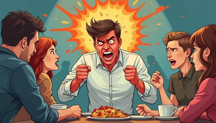 A detailed illustration of a person experiencing a sudden, intense outburst of anger in a calm, everyday setting, such as a family dinner or an office. The