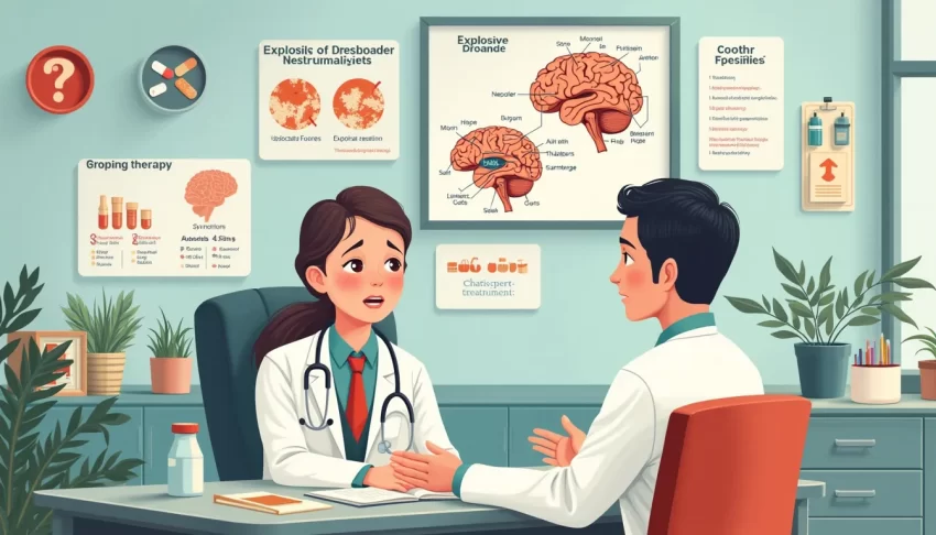 A detailed medical illustration showing various medications and treatment options for Explosive Disorder, including pills, therapy sessions, and support gr