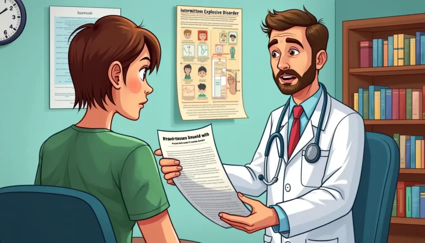 A detailed illustration of a doctor and a patient in a clinical setting, the doctor is explaining a psychological assessment chart for Intermittent Explosi