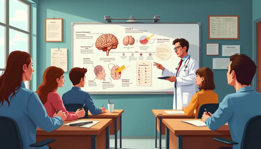 A detailed illustration showing a medical professional explaining Intermittent Explosive Disorder (IED) criteria to a small group of students. The scene is