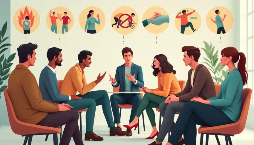 A detailed illustration showing a group therapy session for people with Intermittent Explosive Disorder (IED). The setting is a calm, professional environm