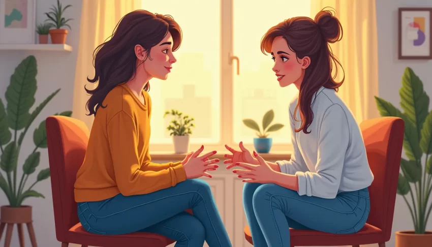 A detailed digital illustration of a compassionate therapist and a patient engaging in a cognitive-behavioral therapy session in a cozy office setting, wit