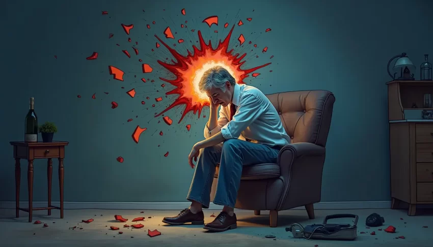 Create an image that depicts a person struggling with Intermittent Explosive Disorder (IED). Show a middle-aged adult sitting in a dimly lit room, looking