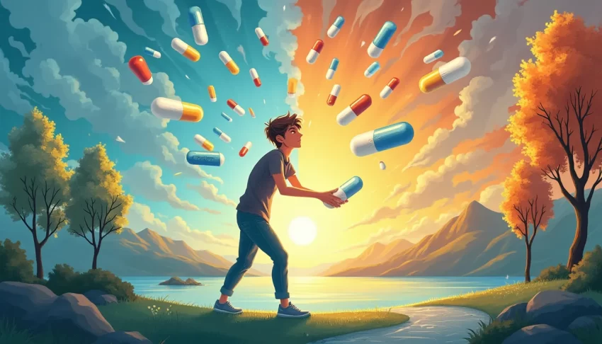 A comprehensive medical illustration showing various effective medications used to manage Intermittent Explosive Disorder, presented alongside a calming ba