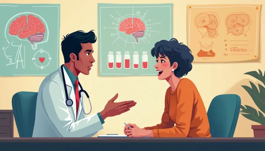 A compassionate doctor in a modern medical office, explaining the benefits of a new prescription medication to a calm and relieved patient who has been dia