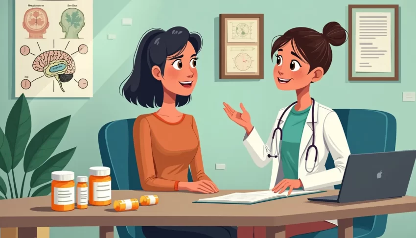 A calm and tranquil setting in a psychiatrist's office, where a medical professional is discussing effective medications with a patient who looks relieved.