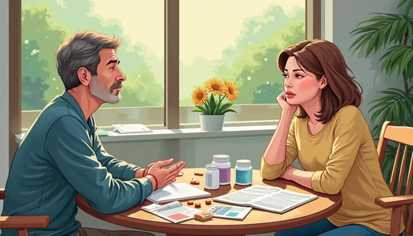 A detailed illustration of a person sitting in a calm, comfortable environment discussing treatment options with a psychiatrist. On the table between them