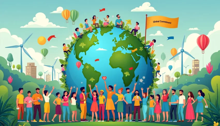 A vibrant illustration showcasing diverse people from various cultures and backgrounds working together to achieve the 17 Sustainable Development Goals, wi