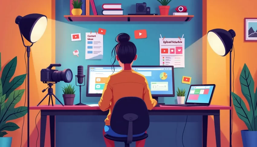 A vibrant, modern workspace with a young content creator sitting at a desk, recording a vlog. The background features professional lighting equipment, a hi