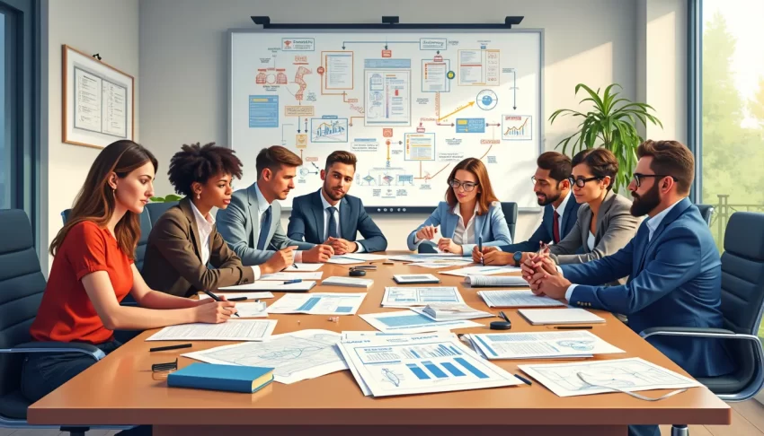 A diverse group of professionals gathered around a conference table, diligently working on drafting an emergency action plan. The table is covered with blu