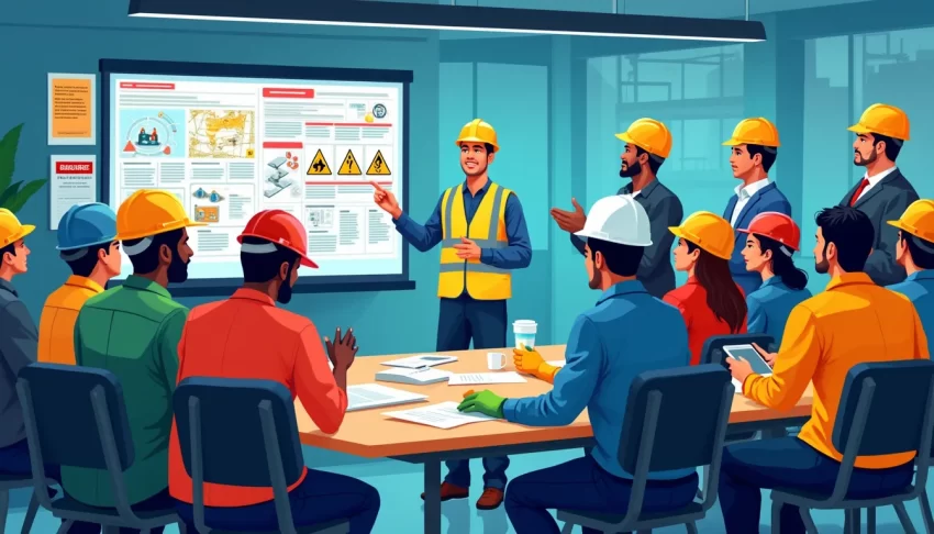 Create an image of a diverse group of employees in a modern industrial setting, gathered around a table with hazard communication materials like SDS (Safet