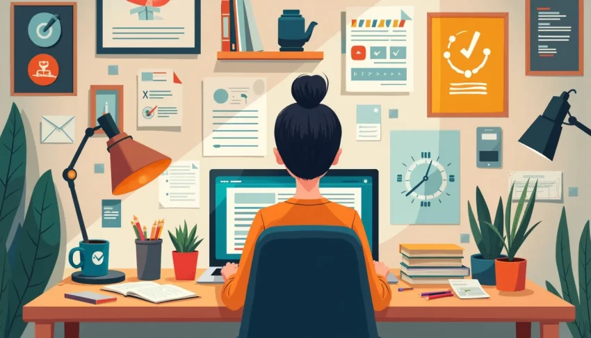 Create an image featuring a blogger working on a laptop in a cozy, well-organized home office. Surround the workspace with symbols of various monetization