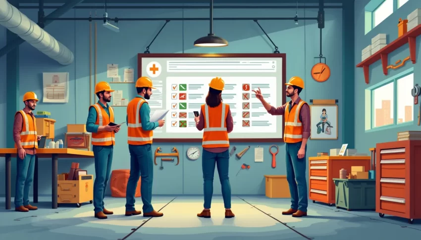 A dynamic workplace scene where a safety compliance officer conducts a detailed audit. The scene includes employees in proper safety gear, safety signs, an