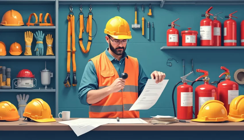 A detailed illustration of a safety inspector examining various safety equipment, including helmets, gloves, harnesses, and fire extinguishers, in a well-o