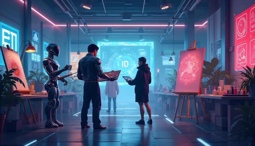 An image depicting the future of AI in creative industries: A futuristic studio where human artists and AI systems collaborate seamlessly. The scene is vib