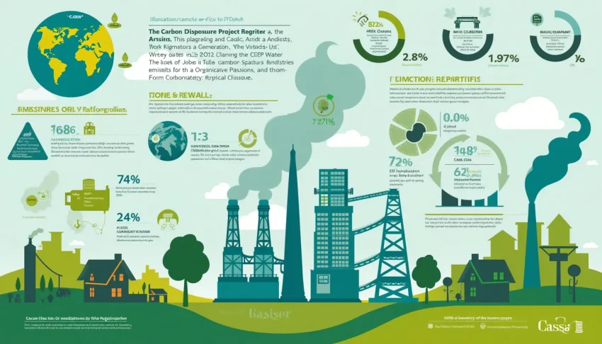 A detailed infographic illustrating the concept of the Carbon Disclosure Project (CDP), showing various industries and organizations reporting their carbon