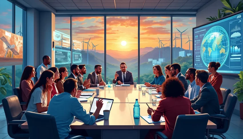 A powerful image depicting a diverse group of activists, scientists, and policymakers collaborating urgently around a large conference table. In the backgr