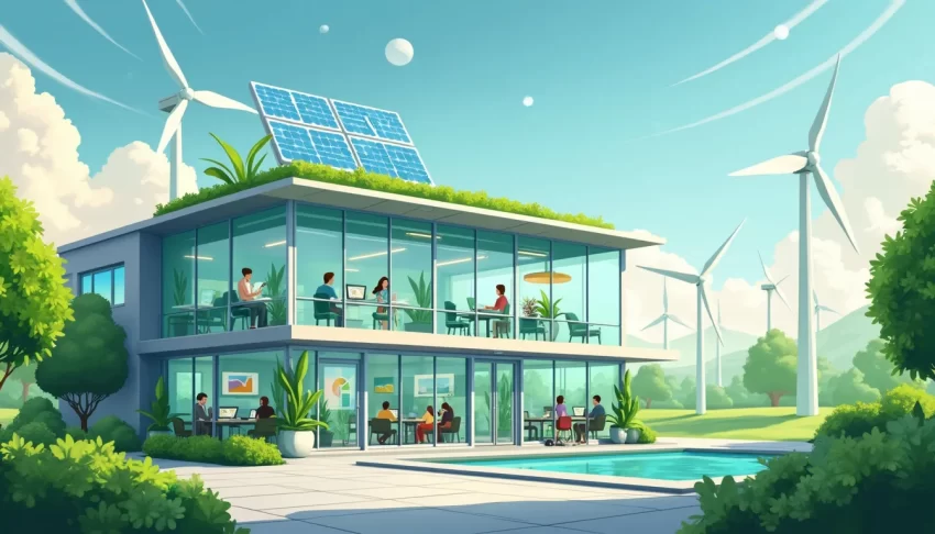 Create an image of a modern corporate office building with large glass windows, surrounded by green landscapes, solar panels on the roof, and wind turbines