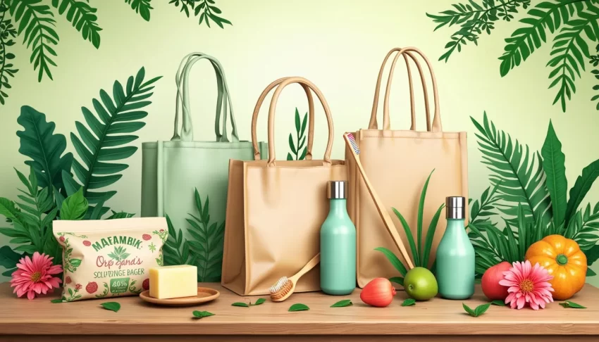 A vibrant and inviting image showcasing a variety of eco-friendly products, such as reusable shopping bags made from organic cotton, bamboo toothbrushes, s